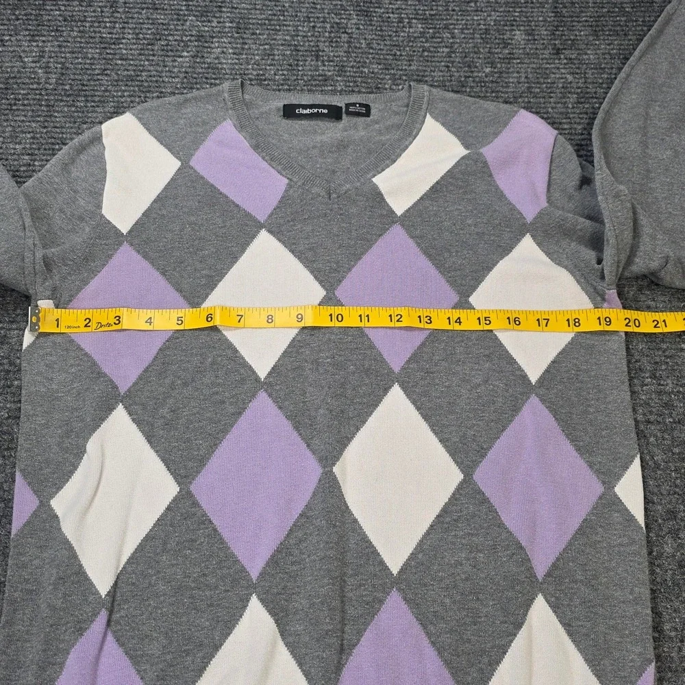 Claiborne Argyle V-Neck Sweater Men's Size Small‎ Gray Purple White 100% Cotton